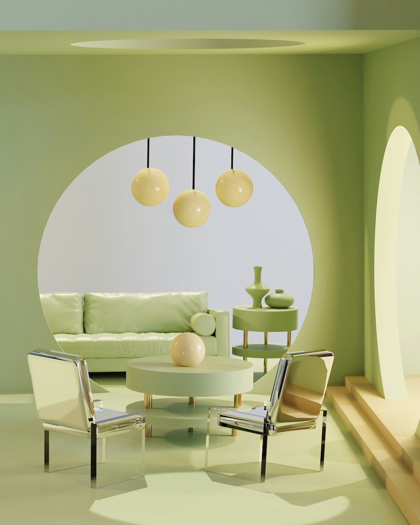 Ambiente di arredamento moderno per applicazioni XR nel settore design